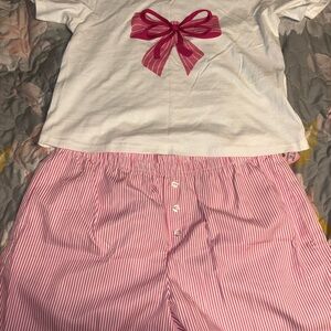 White Tee with Pink Bow and Pink Striped Shorts Set